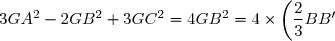 3GA^2 - 2GB^2 + 3GC^2 = 4 GB^2 = 4 \times \left(\dfrac23 BB'\right)^2 = 4 \times \left(\dfrac23 \times \dfrac{3\sqrt{3}}{2}\right)^2 = 12